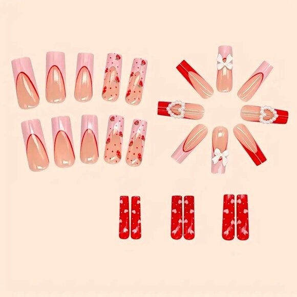 Nails Heart 3D Charm Bow Press On Style 24 Fake Glam Trendy Stylish Strawberries - Picture 3 of 5